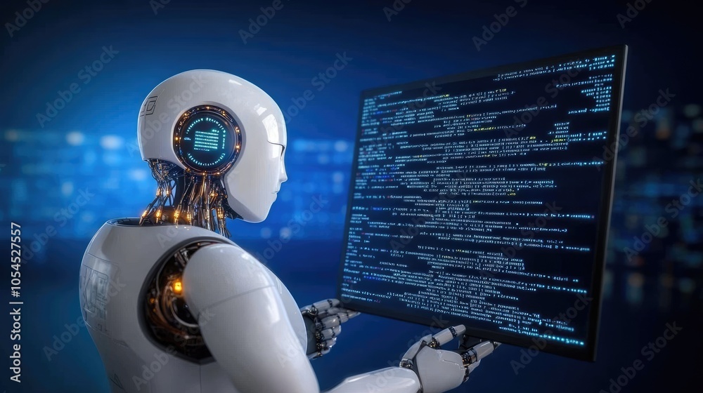 Poster a white humanoid robot examines programming code on a computer screen, set against a deep blue backd