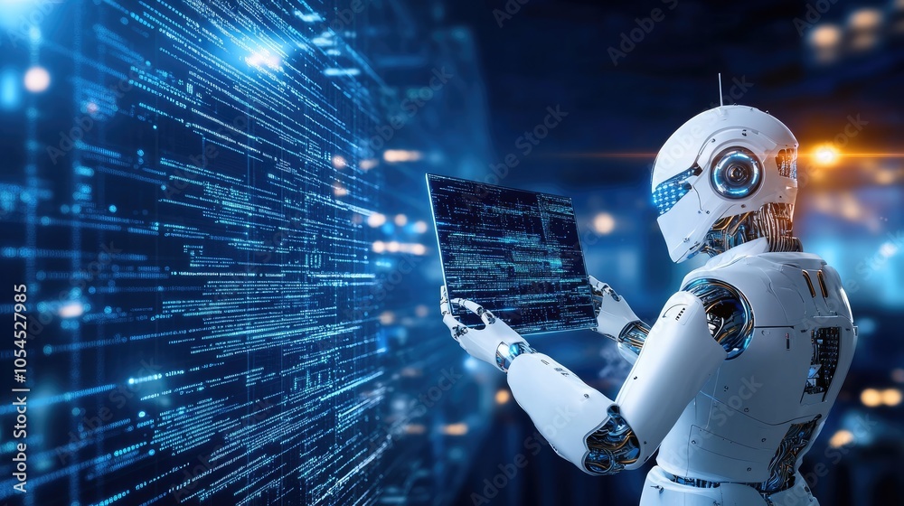 Poster a white humanoid robot examines programming code on a computer screen, set against a deep blue backd