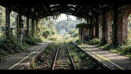 Eerie abandoned train station overgrown with moss vines and rusted tracks