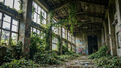 Abandoned factory with graffiti vines and shattered windows