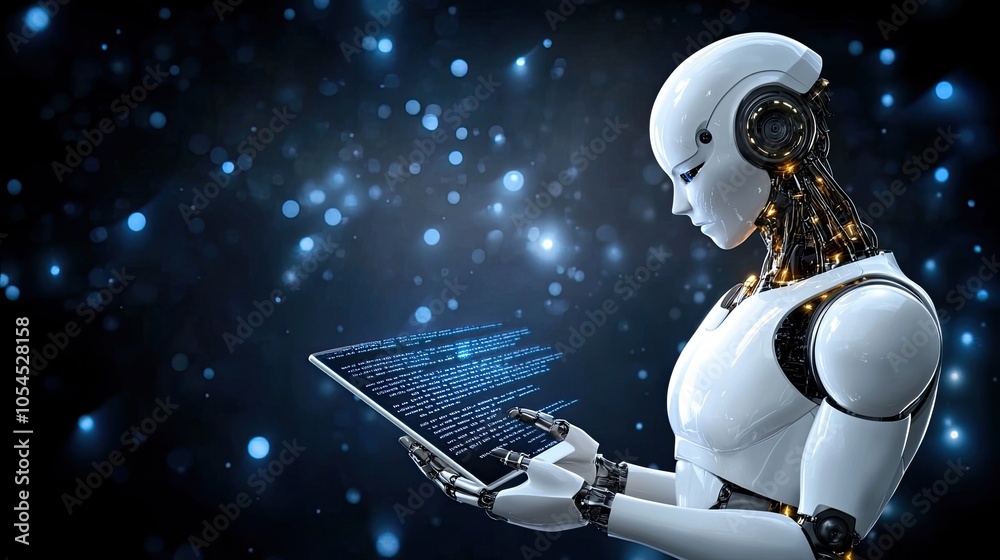 Poster a white humanoid robot examines programming code on a computer screen, set against a deep blue backd