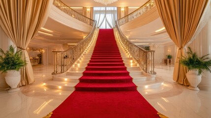 Elegant staircase with red carpet and chandelier in a luxurious interior setting.