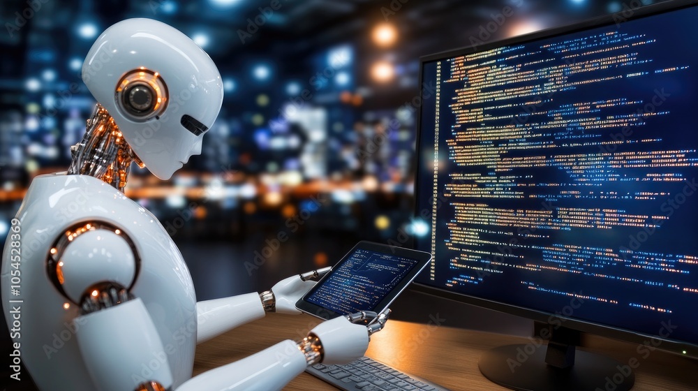 Poster a white humanoid robot examines programming code on a computer screen, set against a deep blue backd