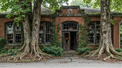 Fototapeta premium Desolate library with dusty shelves ivy covered walls and trees breaking through pavement