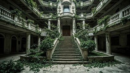 Obraz premium Abandoned hotel with crumbling facade overgrown with foliage exuding mystery and decay