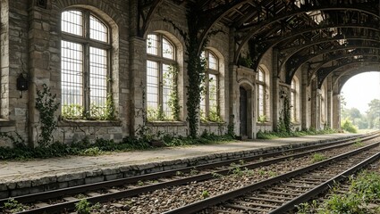 Abandoned railway station with weathered walls rusted tracks and overgrown greenery