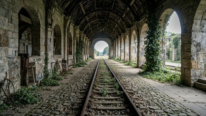 Abandoned railway station with weathered walls rusted tracks and overgrown greenery © GMeta