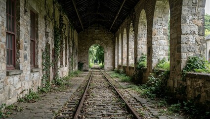 Fototapeta premium Abandoned railway station with weathered walls rusted tracks and overgrown greenery