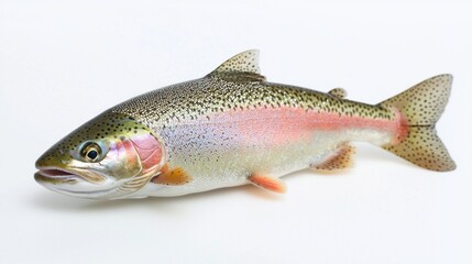 Naklejka premium Rainbow Trout known as Oncorhynchus mykiss is prominently showcased against a white background highlighting its striking colors and patterns. Its detailed features are clearly visible.