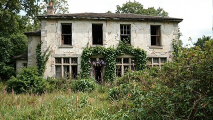 Fototapeta premium Abandoned manor house with overgrown garden and boarded windows
