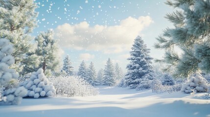 Naklejka premium snowy landscape with falling snowflakes, pine trees covered in snow, and a soft blue sky, perfect for a winter advertisement