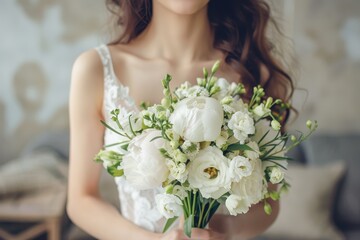 Bride holding white bouquet with peonies and lisianthus happy wedding idea