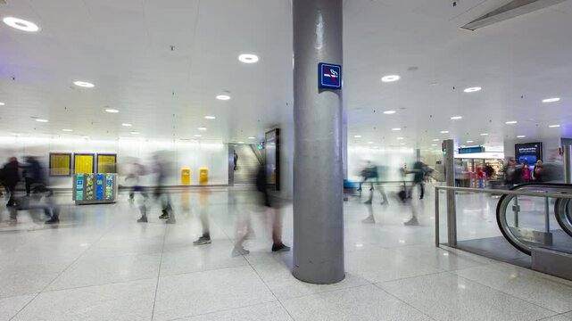 zurich city center famous train station illuminated underground passenger crowded hall panorama 4k timelapse switzerland   