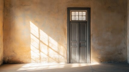 A sunlit interior featuring a closed door against a textured wall.