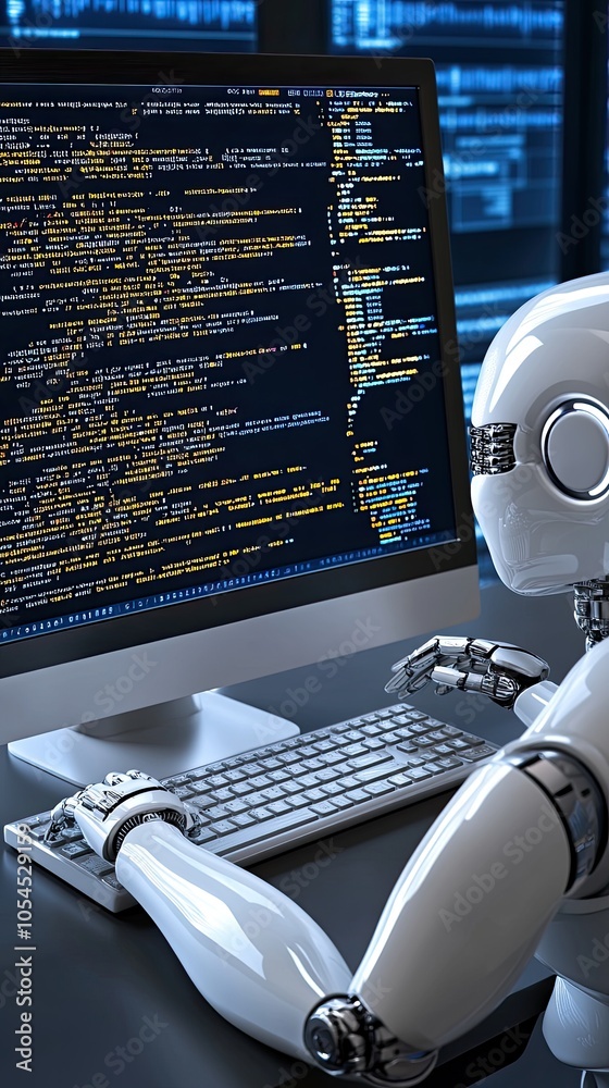 Poster a white humanoid robot examines programming code on a computer screen, set against a deep blue backd