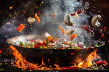 Capture wok pan in motion with flying ingredients and fire