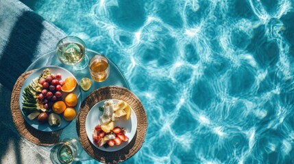 A relaxing poolside setting with fresh fruit platters and drinks.