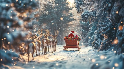Figure delivering holiday gifts in a snowy forest on a sled pulled by reindeer.