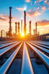 Industrial refinery with pipelines glowing under a vibrant sunset sky, AI