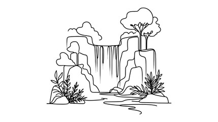 Obraz premium One continuous line illustration of a waterfall, isolated on white background.