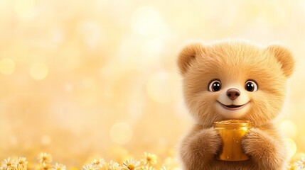Fototapeta premium A cute teddy bear holding a jar of honey with a big smile.
