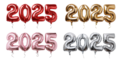 2025 balloons in red, golden, pink, and silver colors