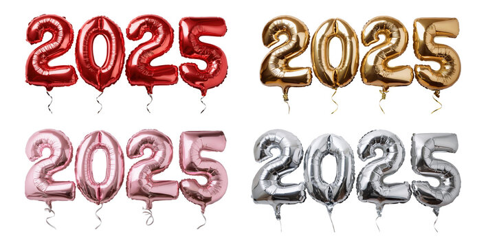 2025 balloons in red, golden, pink, and silver colors