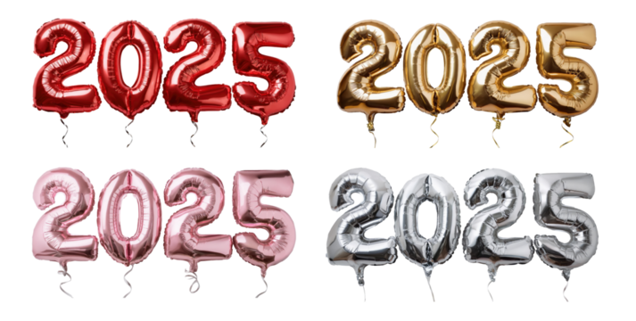 2025 balloons in red, golden, pink, and silver colors