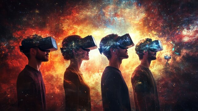 Four individuals wearing VR headsets, immersed in a cosmic, colorful background.