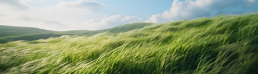 Windswept Grass on a Hillside with a Blue Sky and White Clouds