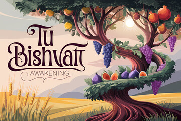 Fototapeta premium Tu Bishvat Tree of Life with fruits and message of awakening