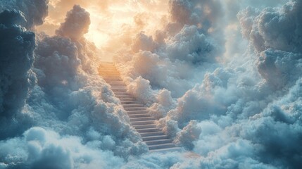 A staircase leading up through the clouds towards a bright light, symbolizing hope, faith, and the afterlife.