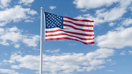 The flag of the United States flutters in the wind, showcasing its colors and symbols under a bright, clear sky, embodying national pride