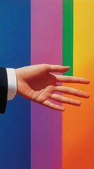 A hand reaches out against a colorful striped backdrop