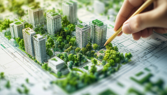 Progettare la citt&agrave; del futuro in modo sostenibile. ESG nelle costruzioni. Piano di costruzione. Matita che progetta la citt&agrave; del futuro.