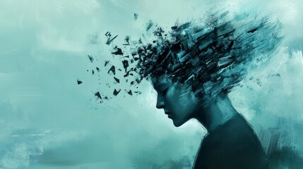 A silhouette of a person with their head exploding into shards