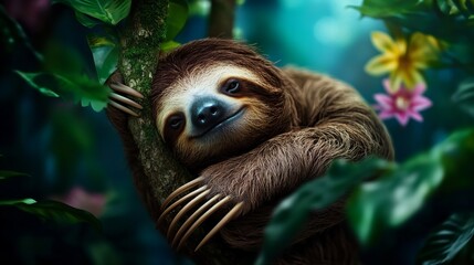 Obraz premium A sloth hangs from a tree branch with a relaxed and happy expression, surrounded by lush greenery.