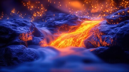A mesmerizing flow of lava amidst dark rocks, creating a striking contrast with glowing embers.