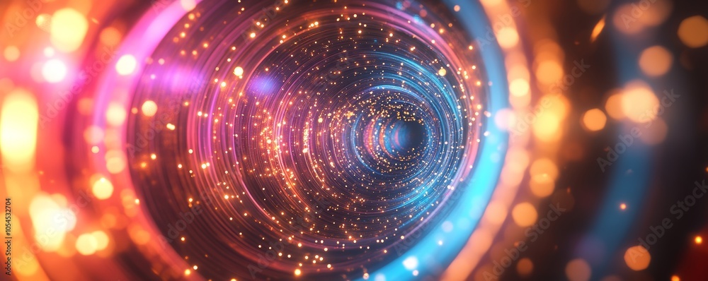 Poster colorful abstract tunnel with light particles, digital art concept