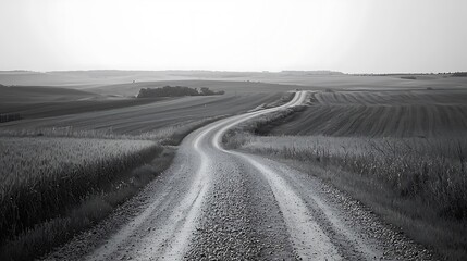 Fototapeta premium Gravel road winds through a peaceful countryside setting. Rolling fields blend into the distant horizon.