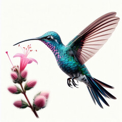 Fototapeta premium A vibrant hummingbird hovers near a pink flower, showcasing its iridescent feathers and long beak