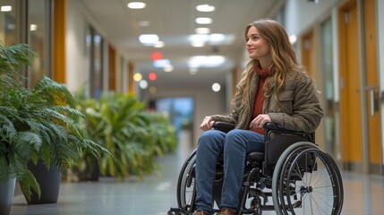 A wheelchair user navigating the hallways of a law firm during a busy workday