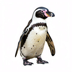 Obraz premium A black and white penguin with a pink beak stands on a white background