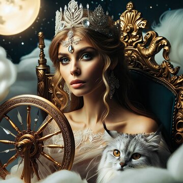 Frigg, the Norse goddess of wisdom, foresight, and domesticity on her heavenly throne. A golden spinning wheel, symbol of destiny and threads of life. Authority and elegance. Moonlight. Generative AI