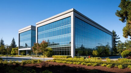 Fototapeta premium Modern office building with large glass windows and landscaped surroundings.