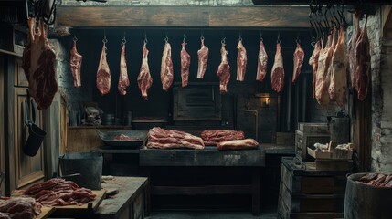 A rustic butcher shop displaying various cuts of meat hanging and on wooden surfaces.