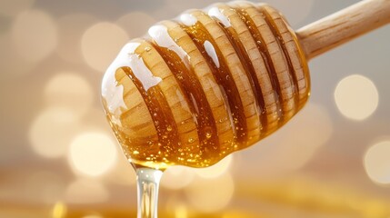 honey dripping from a wooden dipper