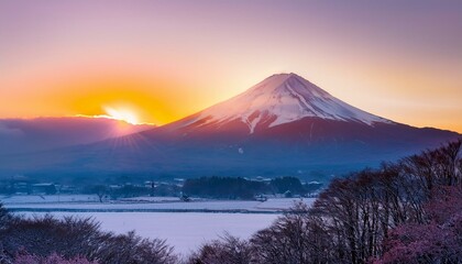 Fototapeta premium 淡いピンク色に染まる雪原が温かさを伝える、静謐で幻想的な冬の風景を描く一瞬