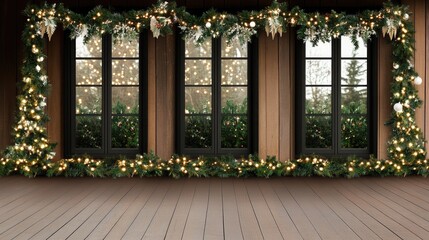 The cabin features festive decorations with string lights and gift boxes arranged around a large,...