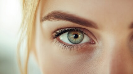 Obraz premium Close-up of a woman's green eye with detailed focus on the iris and eyelashes, AI
